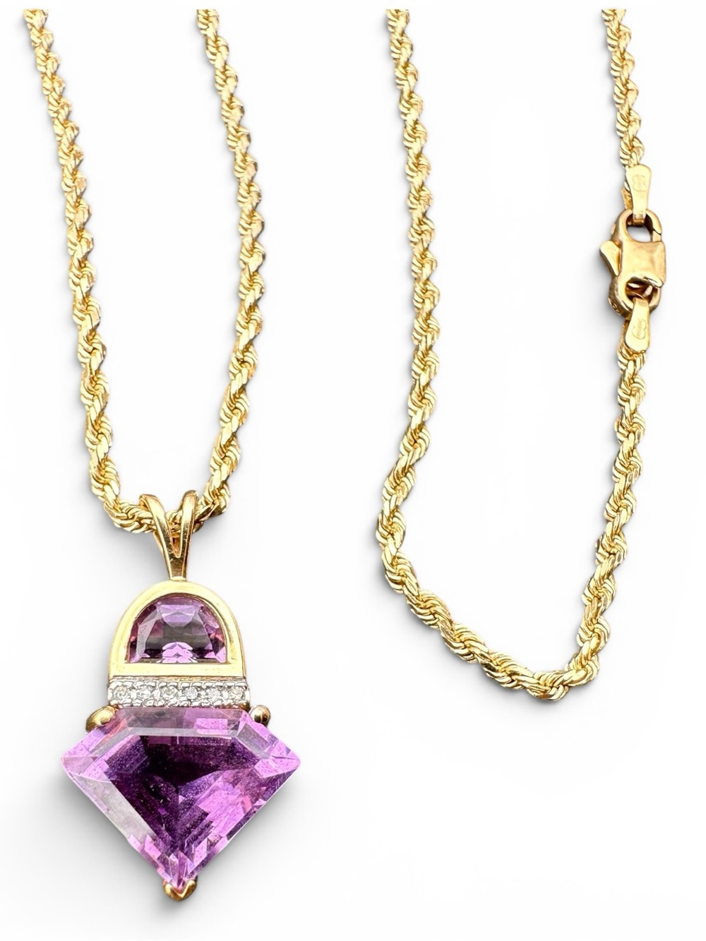 Unoaerre Amethyst And Diamond Pendant On 29” Gold Twisted Rope Chain